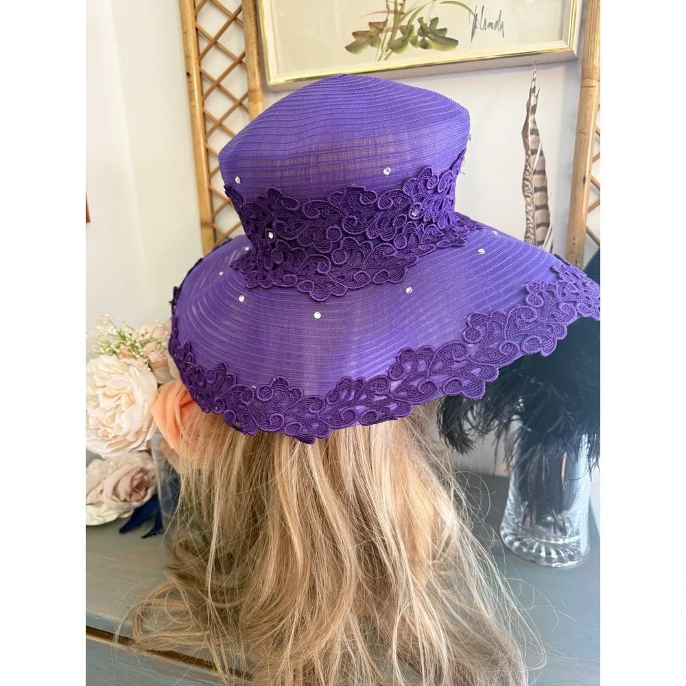 Mr Hi's Classic‎ Purple Wide Brim Lace Hat Ribbon Net Rhinestones Vintage 1970s